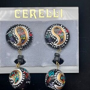 Bohemian Paisley Wood Dangle Earrings Handpainted Vintage Cerelli NOS Dead Stock